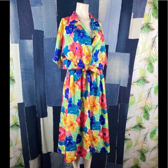 Vintage Big Floral Print Shirt & Skirt w/Pockets and back elastic. Sz L - Picture 6 of 15